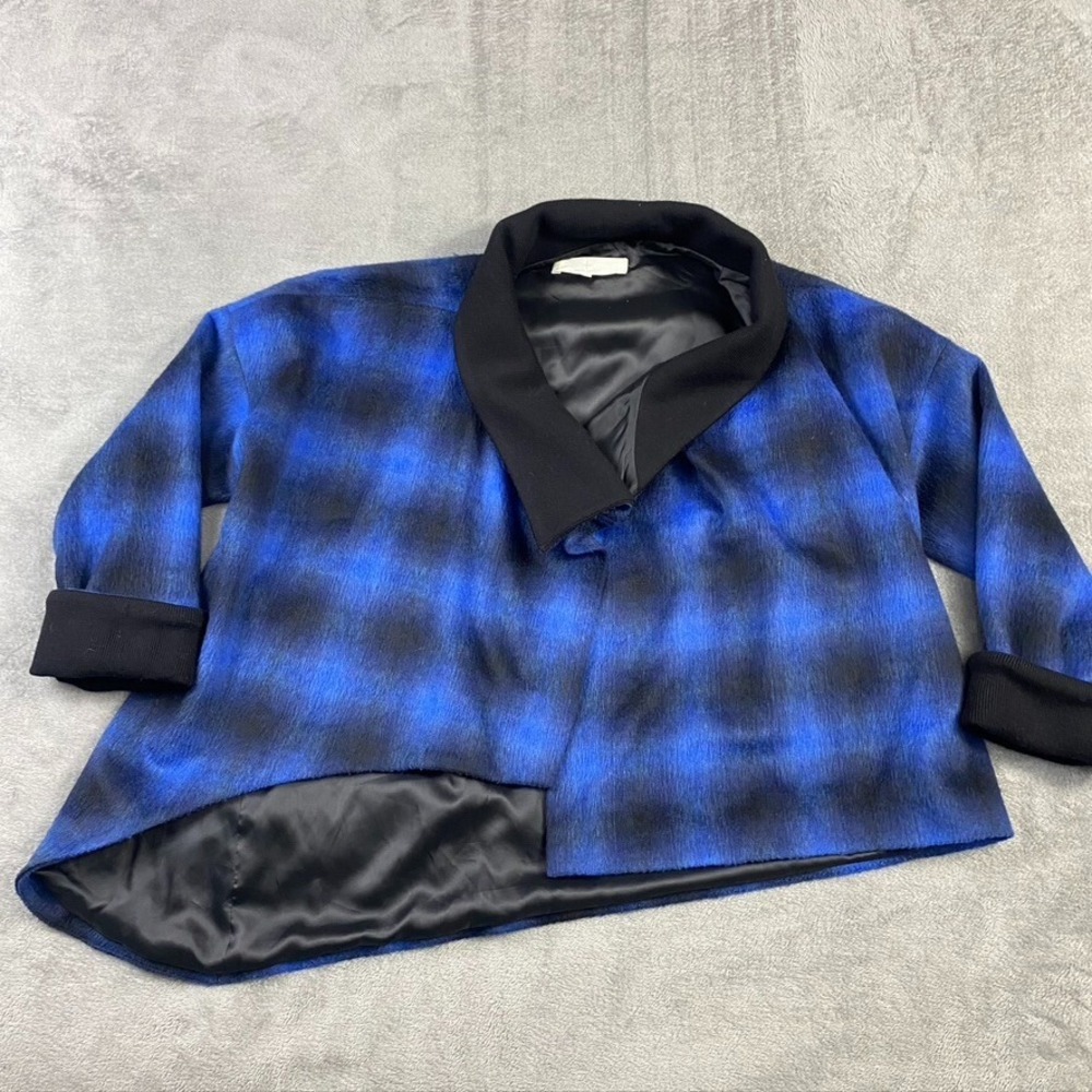 Thakoon Addition‎ Jacket 6 Black Blue Wool Blend Plaid Crossover Asymmetric Coat